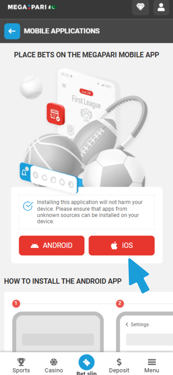 Dowload Megapari iOS app from website.