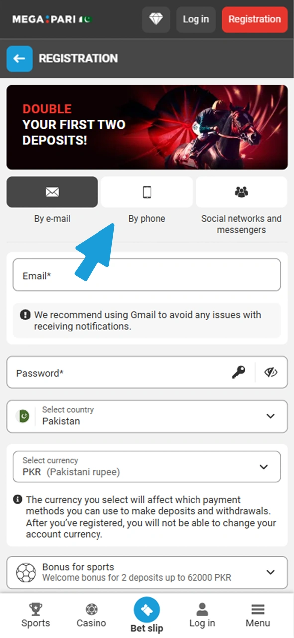 Choose preferable method to create a Megapari account.