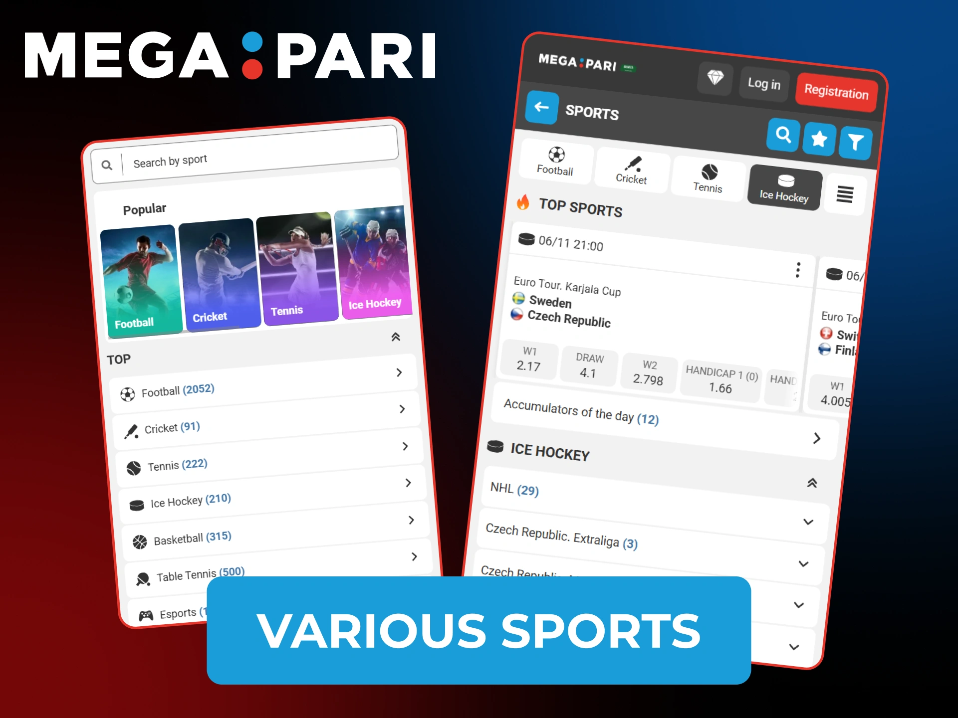 Megapari app provides many different sports tournaments and championships.