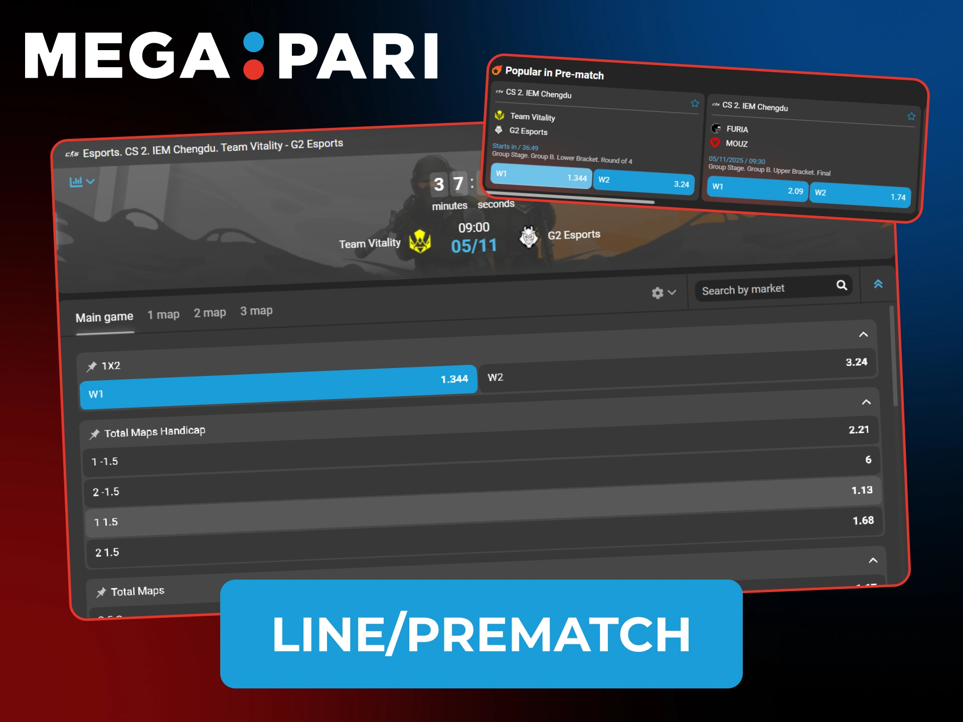 Place bets on oncoming matches with prematch function at Megapari.