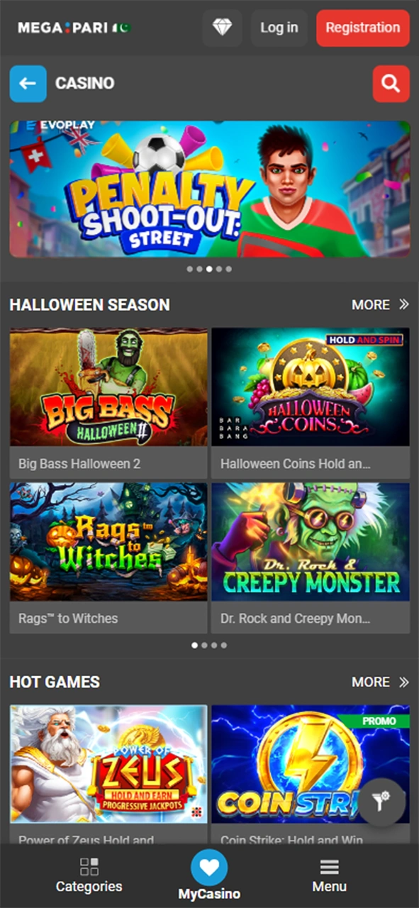 Play different slots, megaways, table games and etc at Megapari Casino.