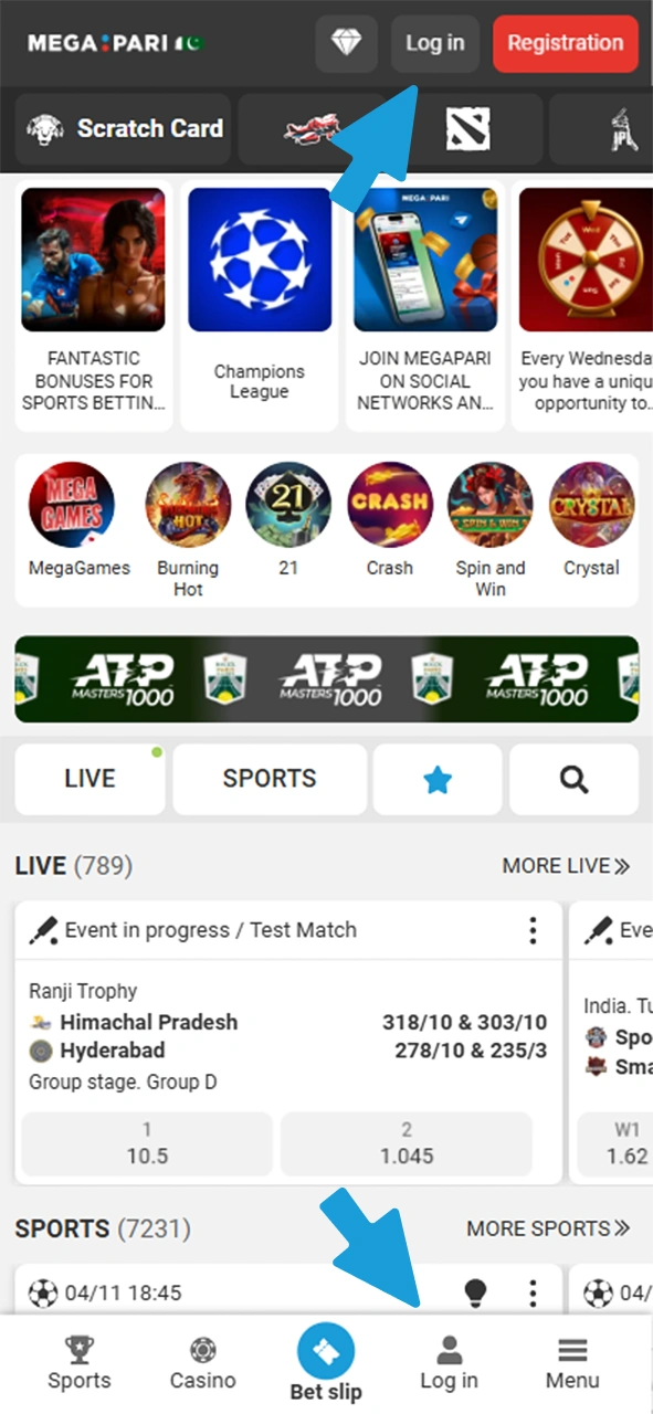 FInd Log in button at top or at the menu of Megapari website.
