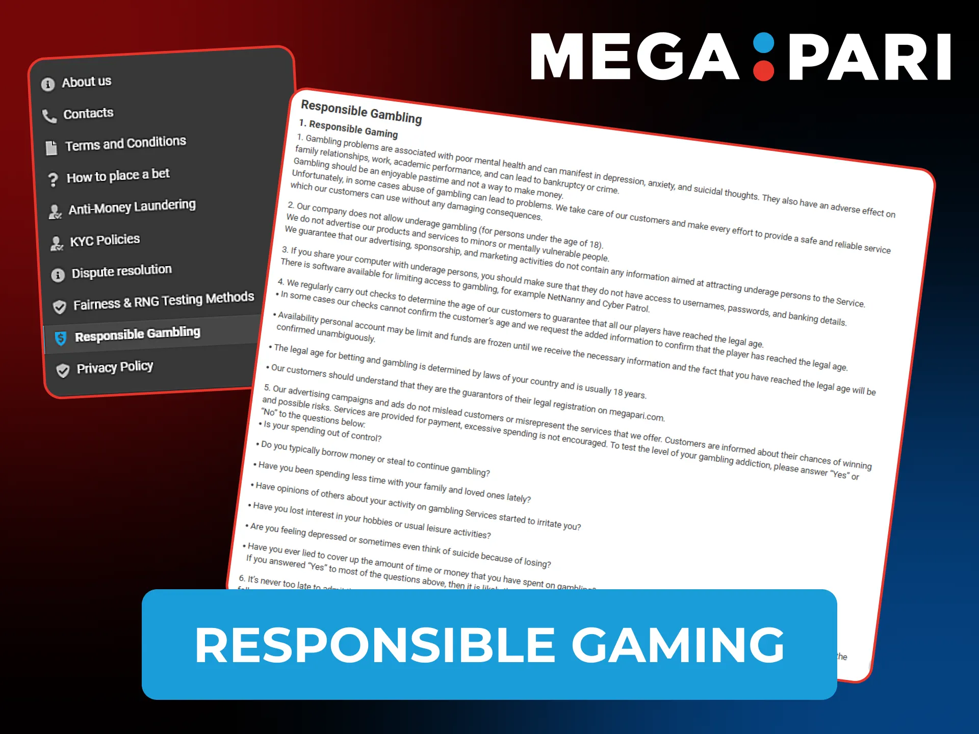 Play games responsibly and only for entertainment purposes at Megapari.