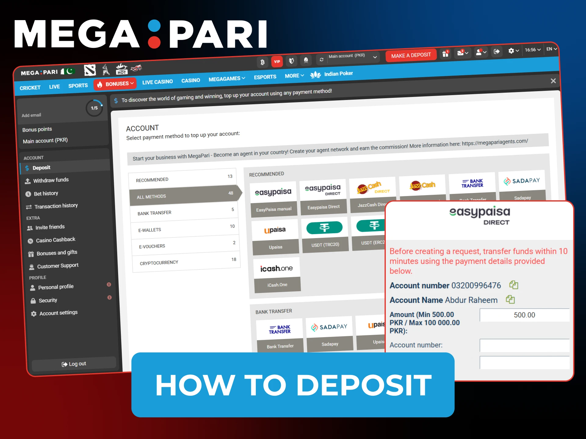 Follow our guide on how to deposit funds in Megapari Pakistan.
