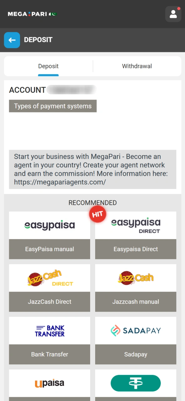 Fund your account to place real money MegaPari Esports wagers.