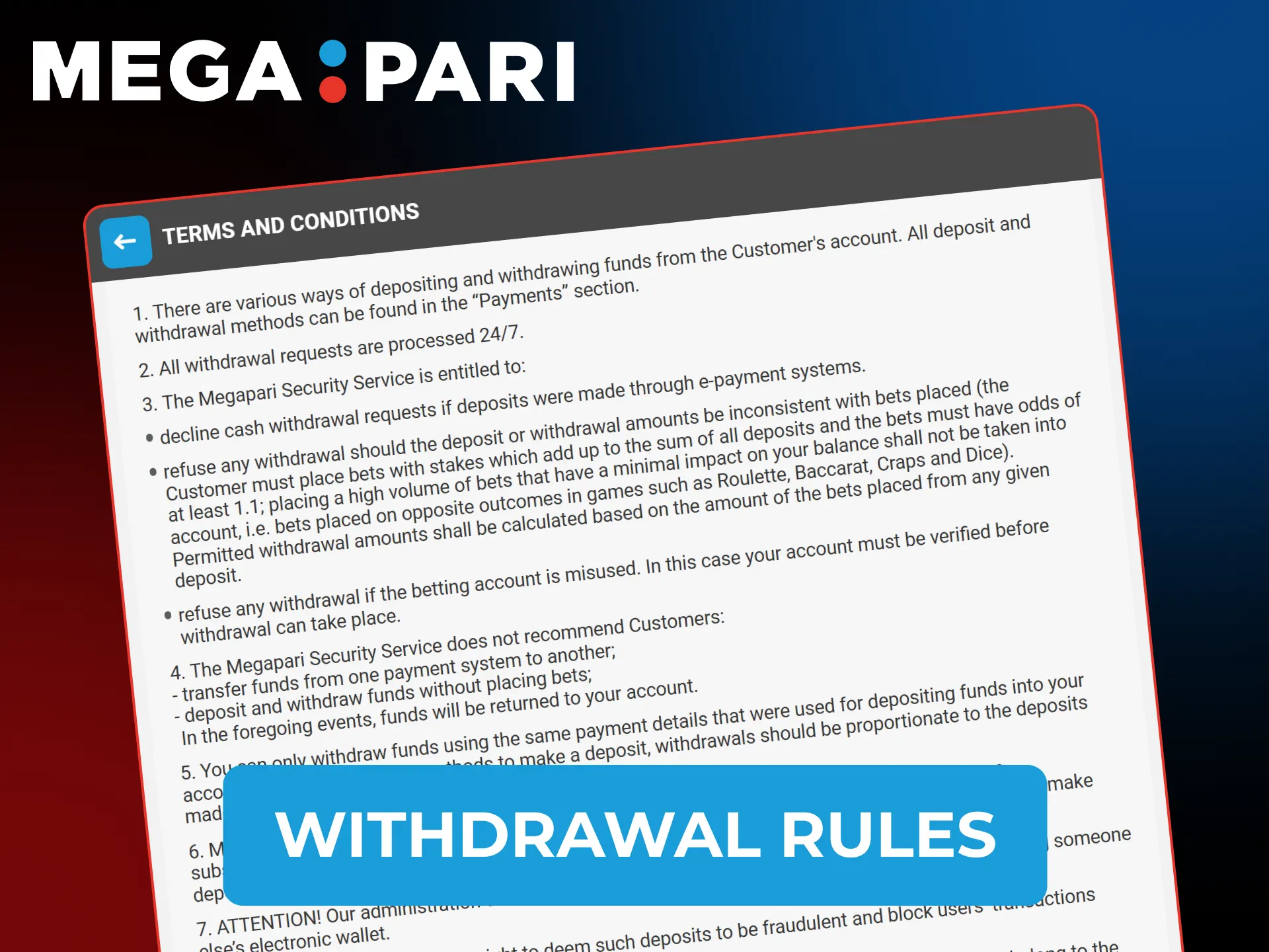 Review the MegaPari Withdrawals terms and conditions for secure local payouts.