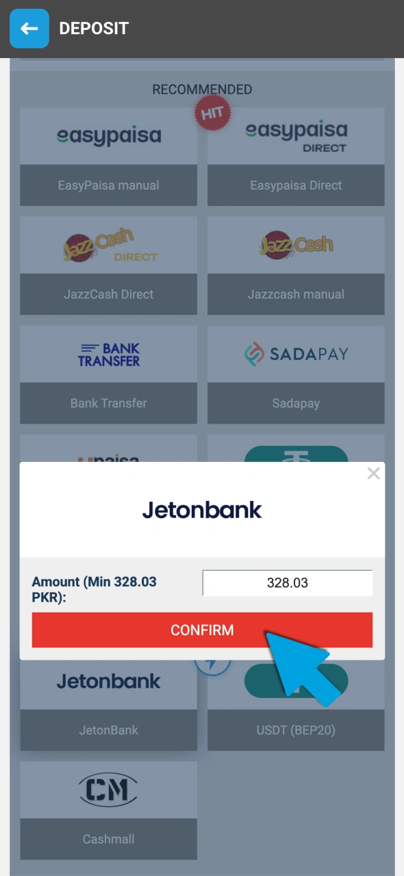 Make a deposit on the Megapari platform using secure local payment methods.