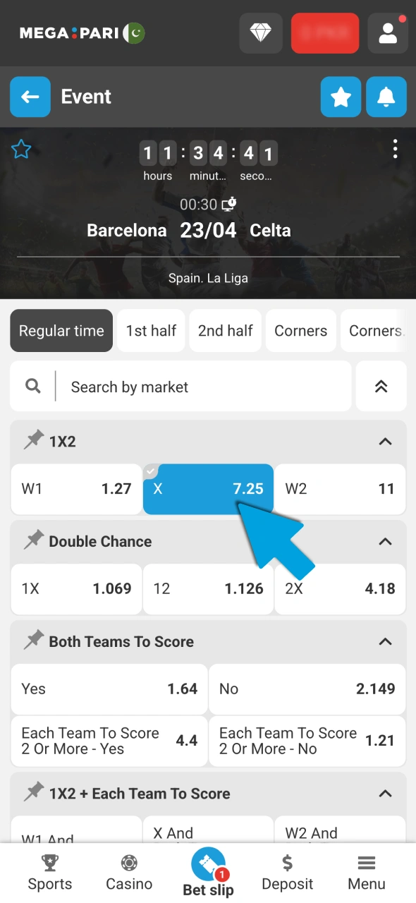 Select your market and place a bet on your favorite team at Megapari.