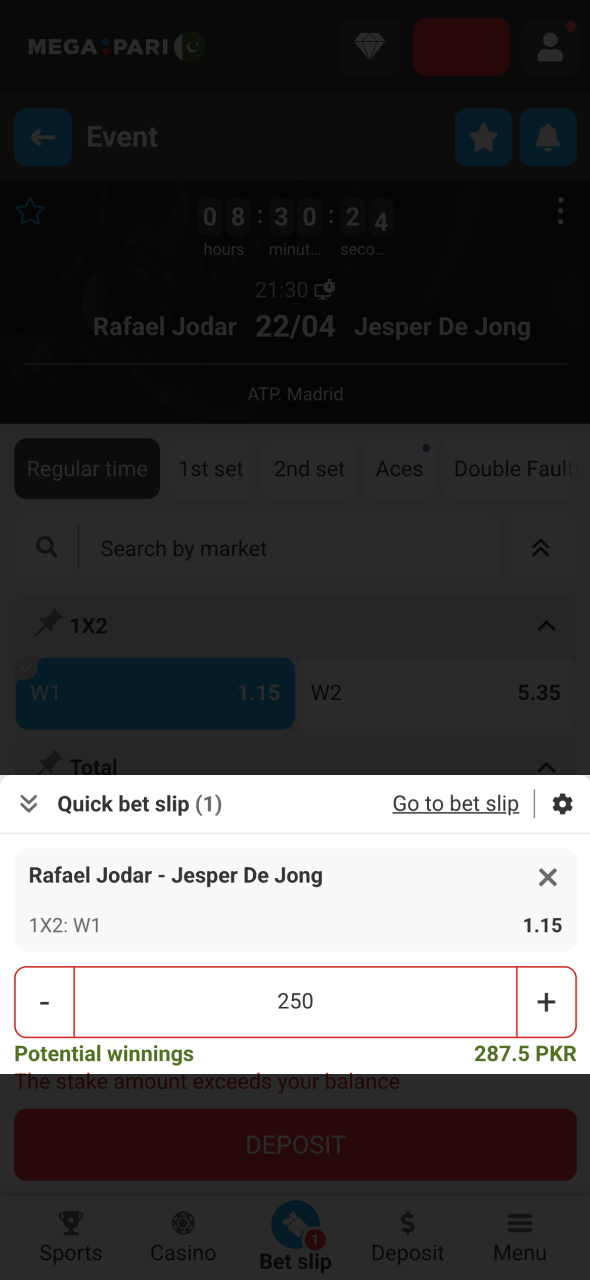 Enter stake and confirm your tennis bet on the Megapari official site.