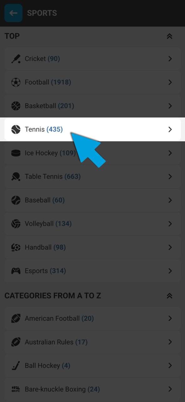 Open the tennis section in the Megapari sportsbook to view available matches.
