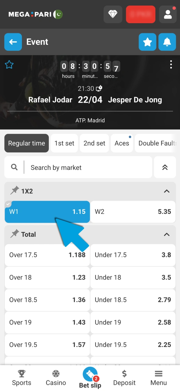 Select a market and build your bet slip for tennis at Megapari.